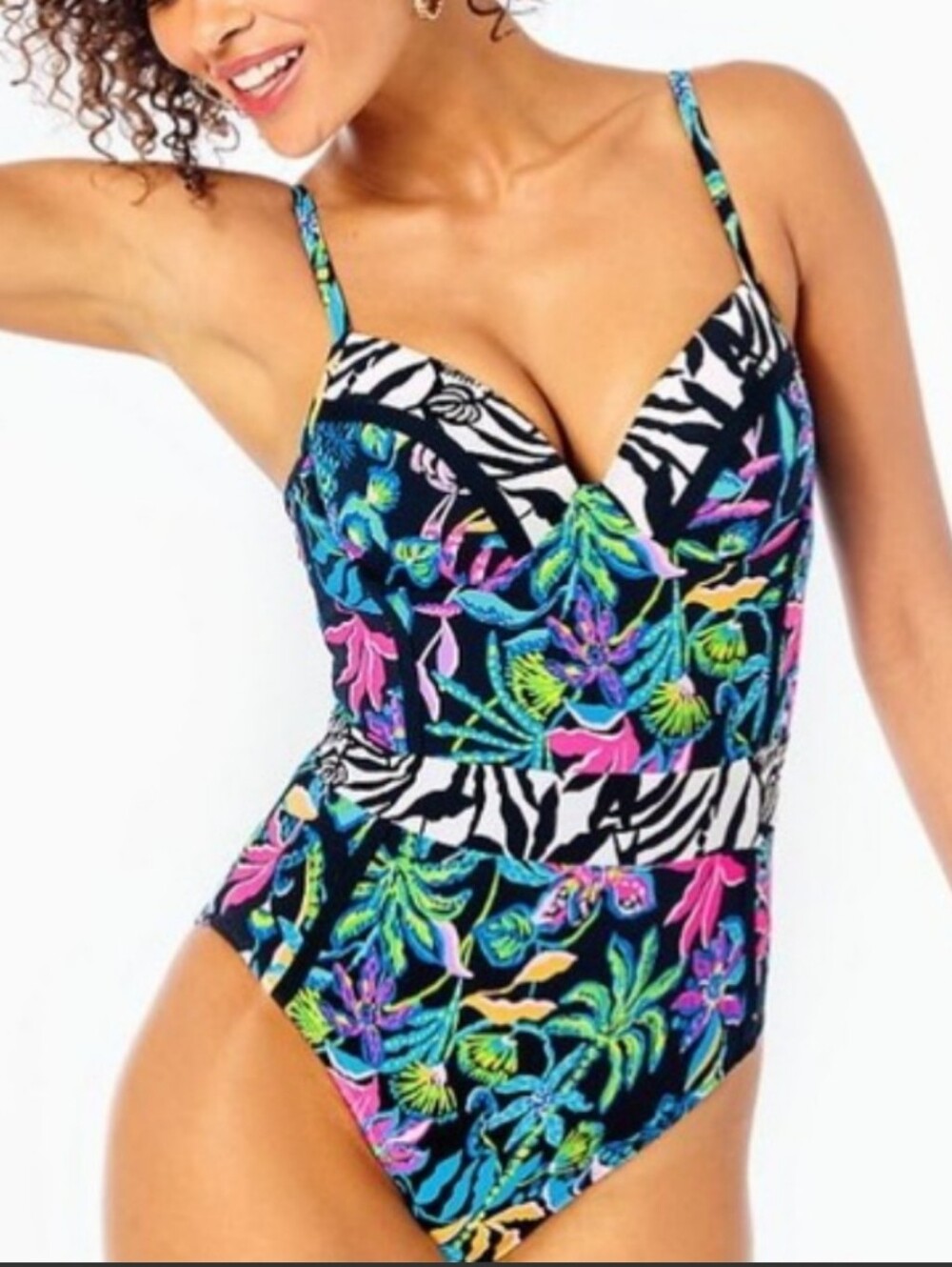 Lilly Pulitzer Black W/ Tropical Floral 1-Piece Swimsuit, Size 2